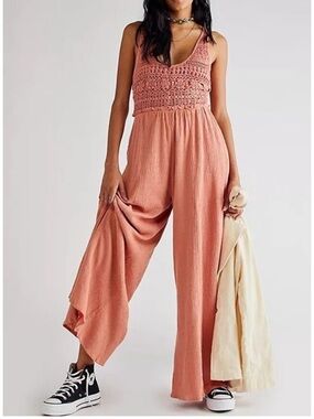 Free People Soleil Jumpsuit S Peach Crochet Wide Leg Cotton Linen  Boho